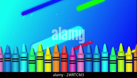 Colourful shapes moving diagonally on a blue background with a row of coloured crayons below Stock Photo