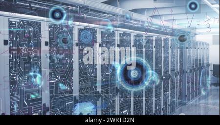 Image of mathematical equations over round scanners and data processing against server room Stock Photo