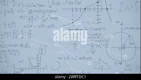 Image of connections and math formulas on grey background Stock Photo