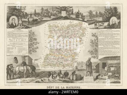 Département de la MAYENNE. Decorative antique map/carte. Victor LEVASSEUR 1856 Stock Photo