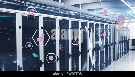 Image of multiple icons over connected dots on data server systems in ...