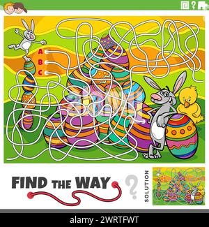 Cartoon illustration of find the way maze puzzle activity with Easter bunnies and chick with colored eggs on Easter time Stock Vector