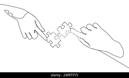 Self drawing line animation of two hands with puzzle pieces connecting together Stock Vector