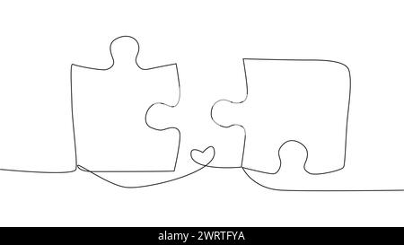 One line connecting puzzle pieces in one continuous line. Puzzle element Stock Vector