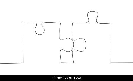 One line connecting puzzle pieces in one continuous line. Puzzle element Stock Vector