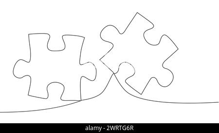 One line connecting puzzle pieces in one continuous line. Puzzle element Stock Vector