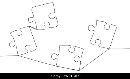 One line connecting puzzle pieces in one continuous line. Puzzle element Stock Vector