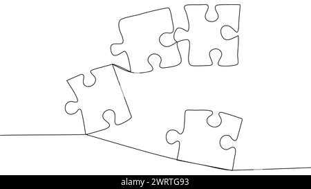 One line connecting puzzle pieces in one continuous line. Puzzle element Stock Vector