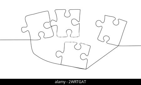 One line connecting puzzle pieces in one continuous line. Puzzle element Stock Vector