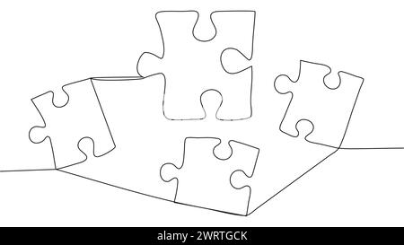 One line connecting puzzle pieces in one continuous line. Puzzle element Stock Vector