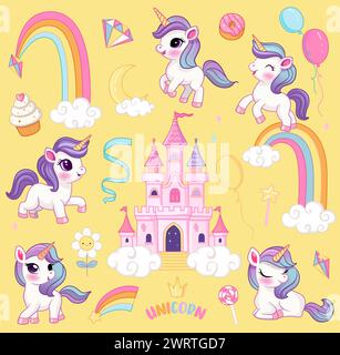 Vector unicorns set. Big collection for Unicorn Party with fairytale characters, castle on cloud, rainbow, falling stars, crystals, sweets. Fantasy wo Stock Vector