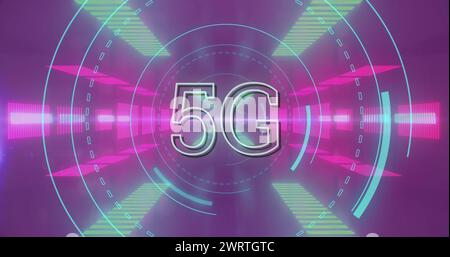 Image of 5G text with digital interface scope scanning over pink glowing background Stock Photo