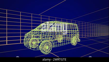 Image of 3d technical drawing of a van in yellow, with moving grid in the background 4k Stock Photo