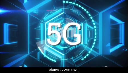 Image of 5G text with digital interface scope scanning over blue glowing background Stock Photo