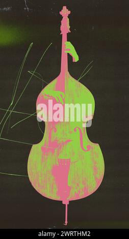 Green and pink cello on black background. Classical cello performance, classical orchestral music Stock Photo