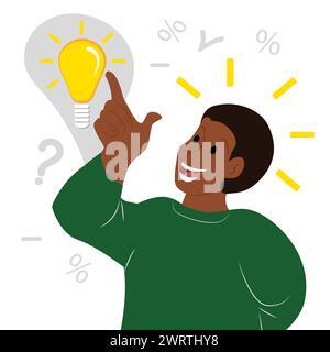 Happy smart person finding solution, having brilliant idea, lightbulb. Business concept of insight, creative thought, inspiration. Flat graphic vector Stock Vector