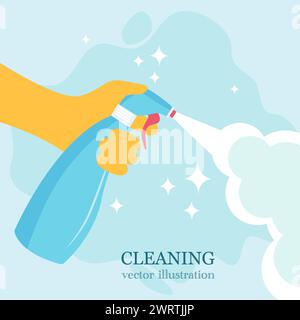 Hand in a yellow rubber glove. Cleaning with spray detergent. Surface cleaning in house. Vector illustration. Stock Vector