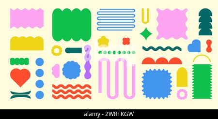 Vector illustration. Set of pastel colors ornaments, geometry shapes in drawn cartoon art style against yellow background. Icons and graphics Stock Vector