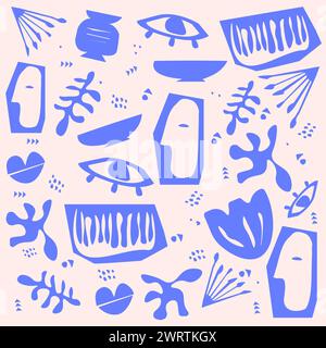 Trendy vector illustration. Set of contemporary hand painted violet various shapes and floral objects against pastel pink background. Drawn doodle art Stock Vector