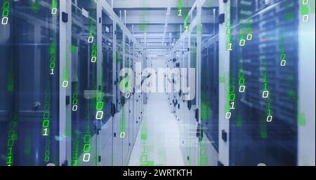 Image of falling binary codes and computer language over server room Stock Photo