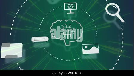 Image of ai data processing and icons over green background Stock Photo