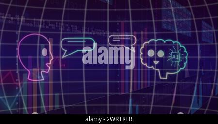 Image of ai data processing and icons over grid Stock Photo