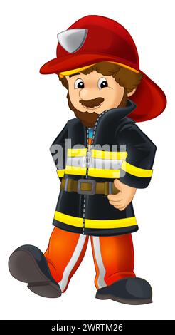 cartoon happy and funny fireman with extinguisher putting out the fire ...