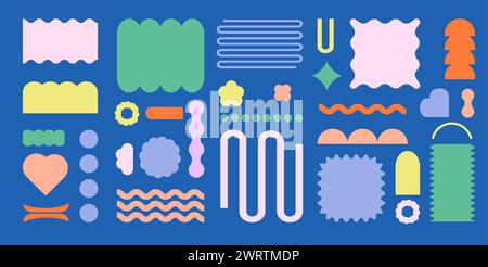 Vector illustration. Set of pastel colors ornaments, geometry shapes in drawn cartoon art style against blue background. Icons and graphics Stock Vector