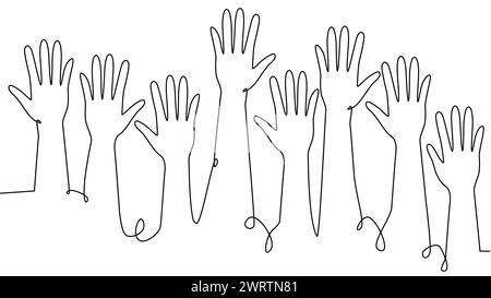 continuous single line drawing of a group of hands raised up. The concept of voting, elections, business team work Stock Vector