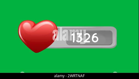 Digital image of increasing numbers and heart icon on a green background 4k Stock Photo