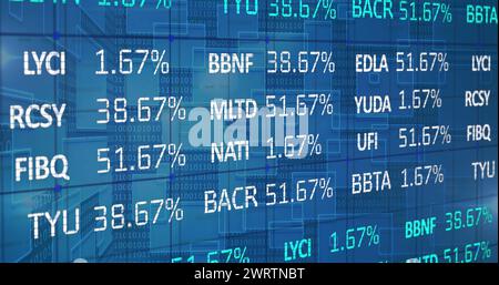 Image of stock market and binary coding over blue background Stock Photo