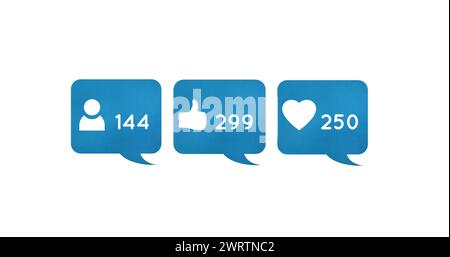 Digital image of  follower, like and heart icons and increasing numbers inside blue chat boxes on a Stock Photo