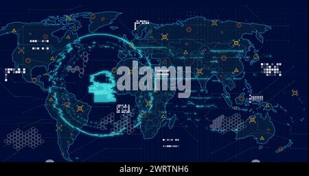 Image of online security padlock, markers and data processing over world map Stock Photo