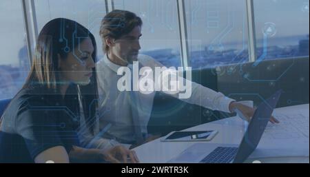 Image of 6g text and microprocessor connections over businessman and businesswoman discussing Stock Photo