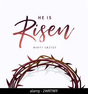 He is Risen, Happy Easter holiday banner with crown of thorns. Church service Easter Sunday flyer design. Vector illustration Stock Vector