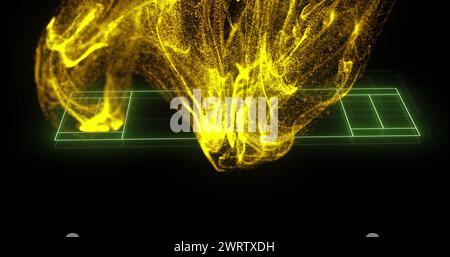 Image of sports court line markings over yellow particle cloud on black background Stock Photo