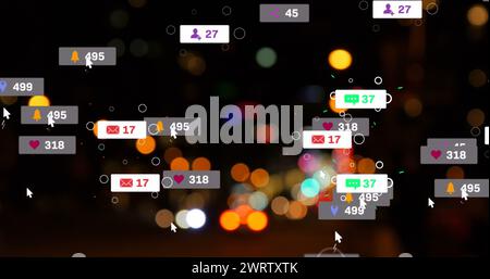 Image of social media icons and numbers over out of focus city lights Stock Photo