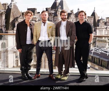 (left to right) Lukas Gage, Conor McGregor, Jake Gyllenhaal and Billy Magnussen at a photocall for Road House, at the Corinthia Hotel, London. Picture date: Thursday March 14, 2024. Stock Photo