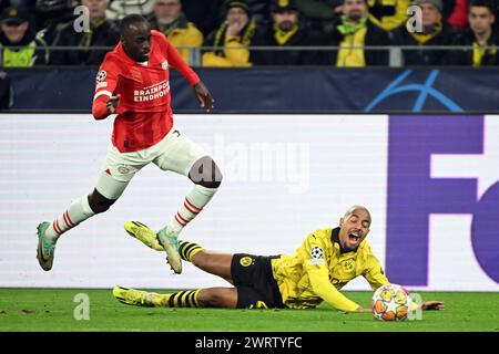 Dortmund, Germany. 13th Mar, 2024. Soccer: Champions League, Borussia Dortmund - PSV Eindhoven, knockout round, round of 16, second leg, at Signal Iduna Park. Dortmund's Donyell Malen (r) and Eindhoven's Jordan Teze fight for the ball. Credit: Federico Gambarini/dpa/Alamy Live News Stock Photo
