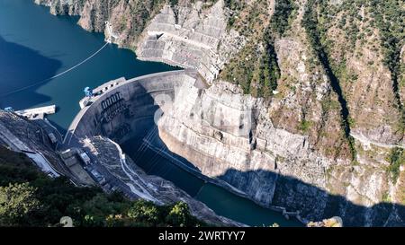 (240314) -- CHENGDU, March 14, 2024 (Xinhua) -- An aerial drone photo taken on Nov. 2, 2022 shows a hydropower station of the Yalong River basin hydro-wind-photovoltaic multi-energy power base in southwest China's Sichuan Province. TO GO WITH 'SW China's multi-energy power base generates over 1 trl kWh of electricity' (Yalong River Hydropower Development Company, Ltd./Handout via Xinhua) Stock Photo