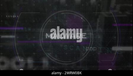 Image of malware text in circle with binary codes, circuit board texture over black background Stock Photo
