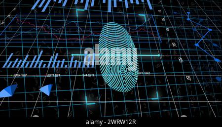Image of data processing and fingerprint over binary code on navy ...