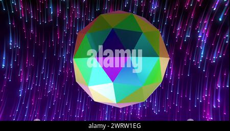 Image of 3d multicoloured shape over neon multi coloured light trails in background Stock Photo