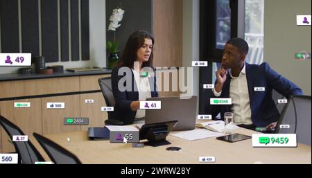 Image of notification bars over diverse coworkers discussing reports on laptop in office Stock Photo