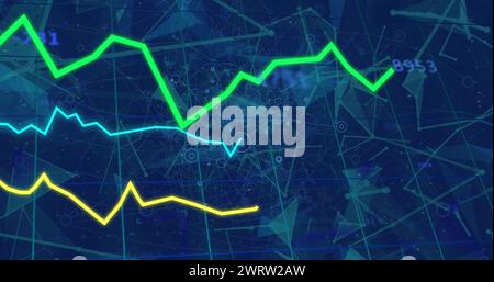 Image of graphs with changing numbers, connected dots, geometric shapes on abstract background Stock Photo