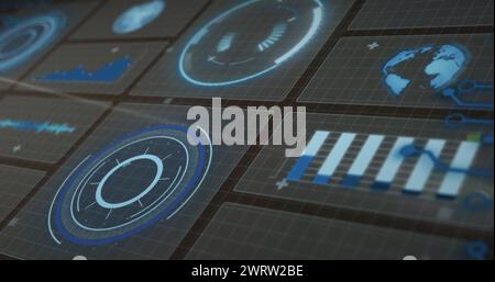 Image of graph, globe, loading circles with lens flares against abstract background Stock Photo