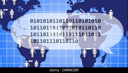 Image of data processing binary coding over world map and grid Stock Photo