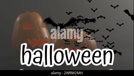 Halloween text banner and multiple flying bat icons over halloween pumpkins against grey background Stock Photo