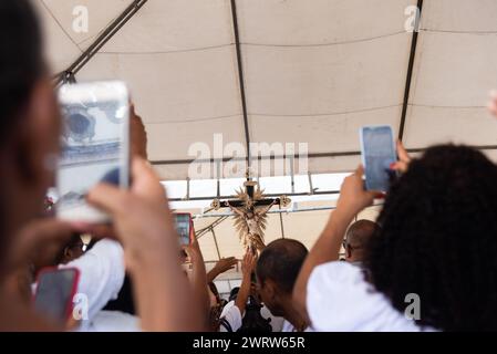 Salvador, Bahia, Brazil - December 29, 2023: Catholic faithful are seen during mass at the Senhor do Bonfim church, in the city of Salvador, Bahia. Stock Photo