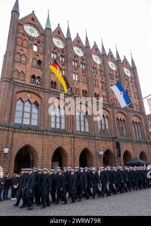 Stralsund, Germany. 14th Mar, 2024. Bundeswehr recruits stand in the harbor during the swearing-in ceremony. 68 new soldiers from the Parow Naval Academy have been sworn in. Credit: Stefan Sauer/dpa/Alamy Live News Stock Photo